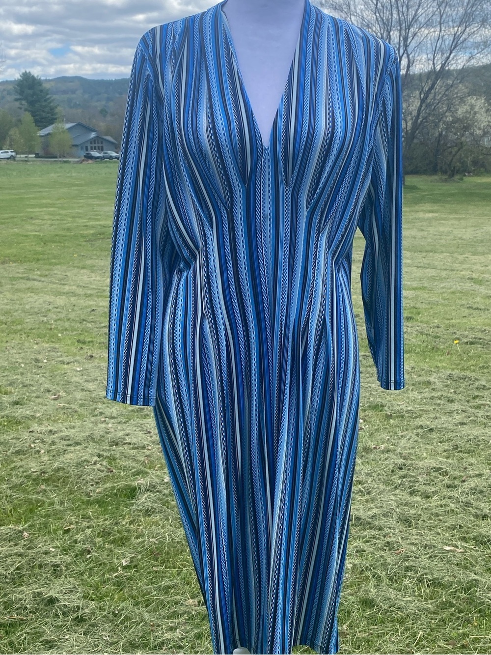 Catherines Blue Striped Long Sleeve V-Neck Dress